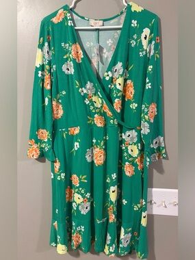 LOFT Green Floral Wrap Midi Dress with Orange and Yellow Blooms